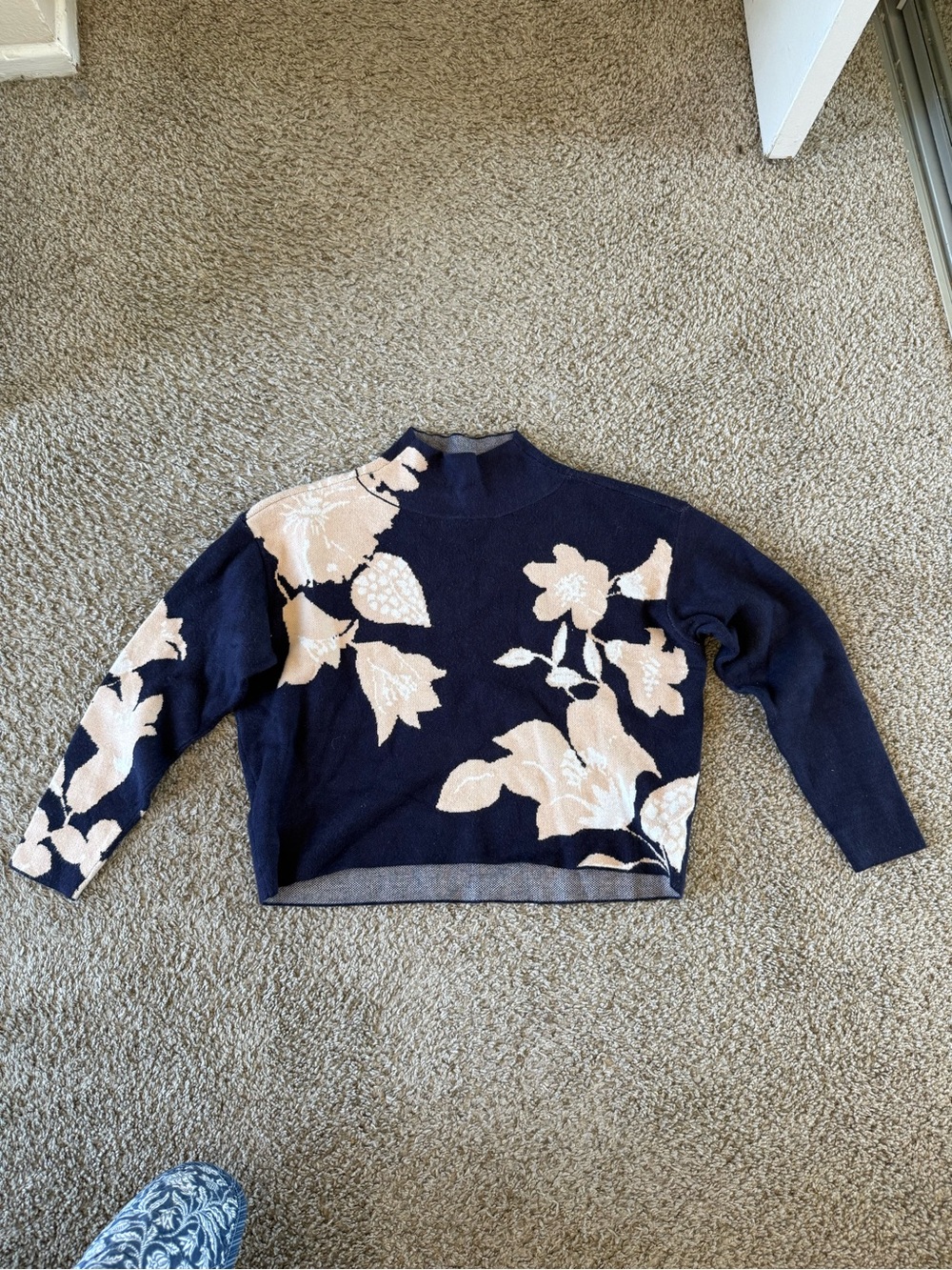 Maeve Floral Mock-Neck Women's Sweater in Navy and Cream